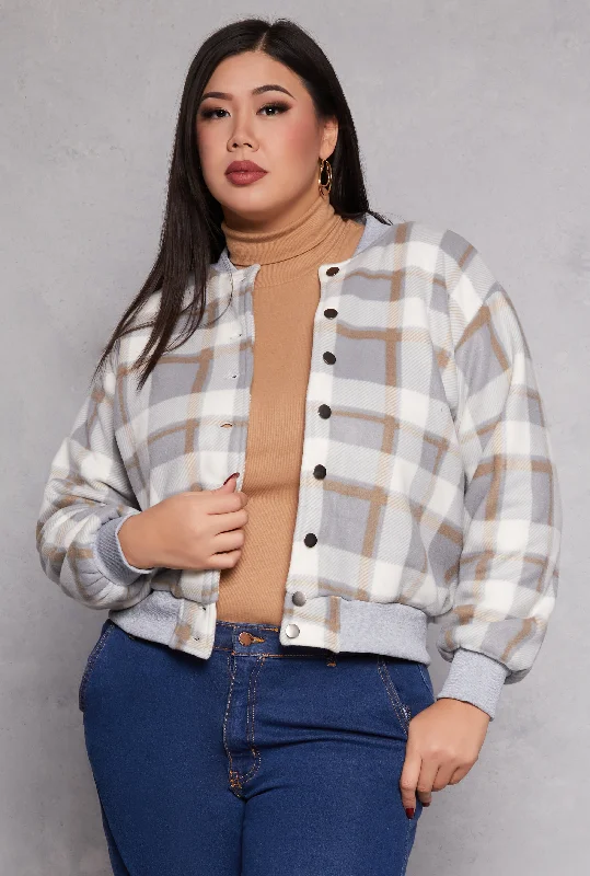 Plus Size Plaid Bomber Jacket